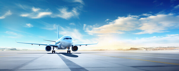 A commercial airplane prepares for takeoff on a clear runway under a bright blue sky during the day