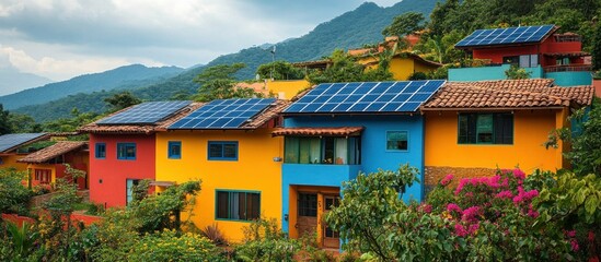 Fototapeta premium Colorful houses with solar panels on the roof in a tropical mountainous area.