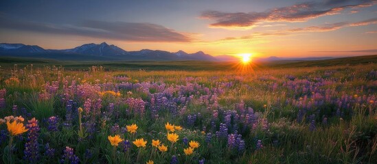 Obraz premium Vibrant wildflowers in a field at sunset with mountains in the background.