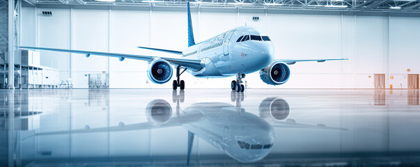 Naklejka premium A modern commercial airplane parked inside a spacious hangar with reflective floor during daylight