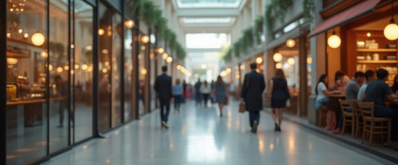 Obraz premium Shoppers and pedestrians walk through a bright, modern shopping mall, passing by various stores and restaurants. The lively scene captures the energy of commerce and social interactions.