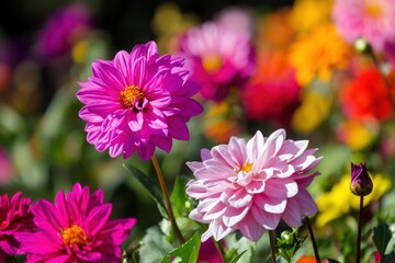 Obraz premium Vibrant garden blooms in a sunny landscape showcasing colorful dahlias in full bloom