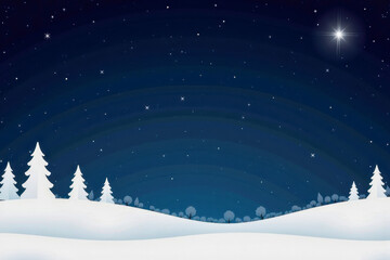 Christmas greeting card with New Year symbol and decoration. Xmas snow background with copy space. Festive mockup design with pine, sky, stars and forest