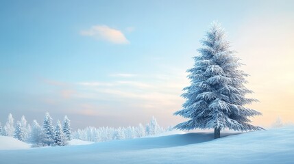 Fototapeta premium A snowy fir tree stands tall against a winter backdrop.