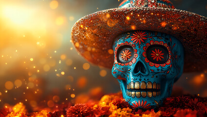 Blue Skull with Orange and Red Flowers

