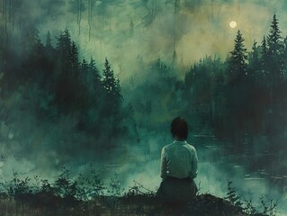 Obraz premium Woman Sitting by a Tranquil Lake in a Foggy Forest