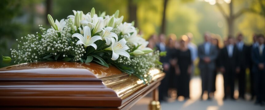 A wooden casket adorned with white lilies is prepared for a funeral service, with mourners gathered in the background. The scene evokes solemnity, respect, and remembrance.