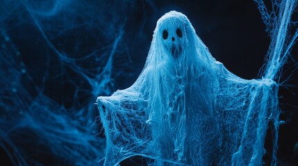 A spooky Halloween scene with a ghostly figure and spiderwebs.  The ghost is made of gauze and stands out against a dark blue background.  It's a fun and easy DIY project to decorate for Halloween.