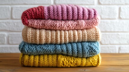 A stack of colorful, knitted sweaters in soft pastels sits on a brown wooden table.  The sweaters are neatly folded and show different knit patterns. The background is a white brick wall.