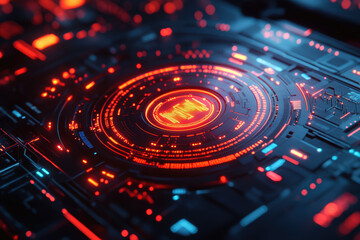 A glowing circuit board design featuring vibrant red and blue colors, evoking a high-tech, digital aesthetic.
