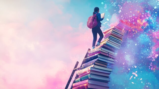 A student climbs a ladder of books, representing the journey of learning. This symbolizes the process of education and the potential for growth.