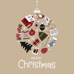 Cute Merry Christmas card with Christmas illustrations. Gifts, house, christmas tree, scarf, christmas decorations, candles, hat, skates. Holiday banner, web poster, greeting card. Vector