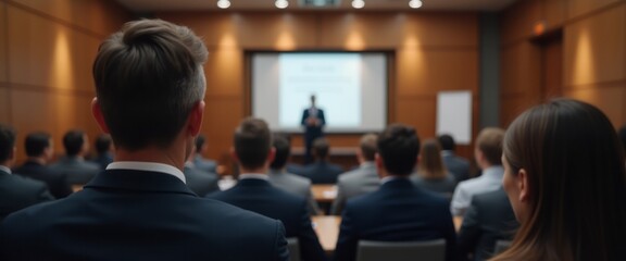 A speaker addresses an audience during a business conference in a modern conference room, with attendees listening attentively. The scene captures professionalism, networking, and corporate learning.