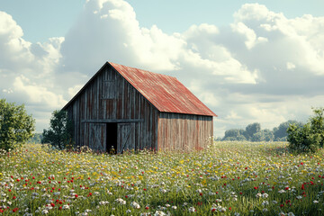 A rustic barn stands amidst a vibrant wildflower field under a blue sky, surrounded by fluffy clouds, creating a serene countryside scene.