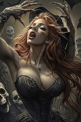 Sexy evil witch wearing corset and witches hat at cemetery. Skulls, skeletons and bats arround her. Generative Ai