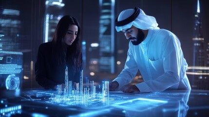 Two people, a woman with long dark hair and a man wearing a traditional white robe, are working together. They stand over a large, glowing digital table, which shows a digital model of a city.