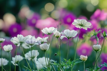 Vibrant garden blooms in springtime sunlight showcasing delicate white and purple flowers