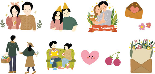 Naklejka premium cute couple illustration vector valentines and anniversary couple set