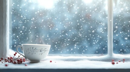 A white teacup sits on a windowsill, watching the snow fall. It's a quiet, peaceful scene that feels a bit lonely.