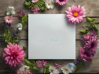 Obraz premium Greeting card lies on a wooden table surrounded by flowers. Copy space for text - generative AI