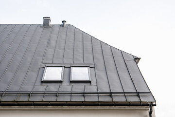 Gray metal roof with skylights. Architecture and outdoor space