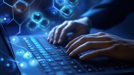 Typing on a Laptop with Futuristic Digital Overlays