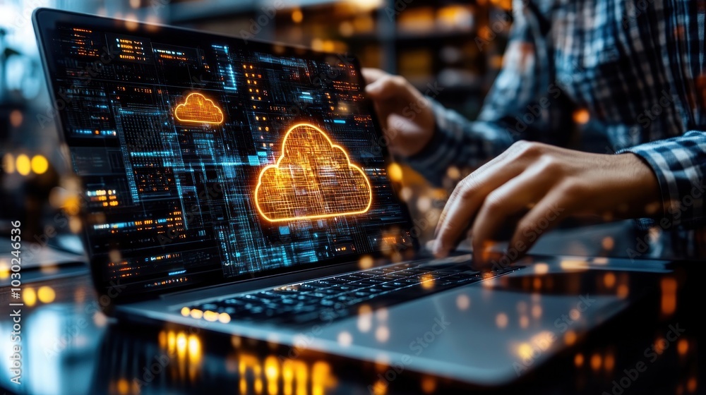 Poster person working on laptop with cloud computing icon