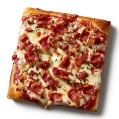 A delicious square pizza topped with crispy bacon slices and melted cheese, sprinkled with herbs on a golden-brown crust, perfect for any meal.