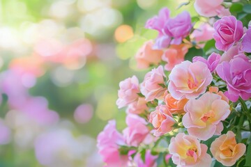 Delicate pink and orange roses in a vibrant garden filled with soft spring light