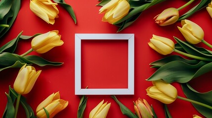 White blank frame in center, yellow tulip flower green leaves rounded red background
