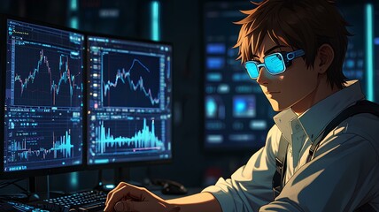 anime man sitting and cyber glasses, mechanics, technological screen background.