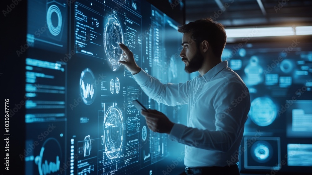 Aufkleber A man in a white shirt interacts with a futuristic data display, utilizing touch technology to analyze visual information while holding a smartphone in a contemporary workspace.