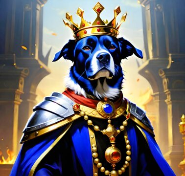 Dog King dressed in royal robe and crown in castle.