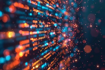 Abstract digital background with code lines and glowing elements. High-tech wallpaper for design or presentation on the theme of cyber security, software development, AI research, big data.