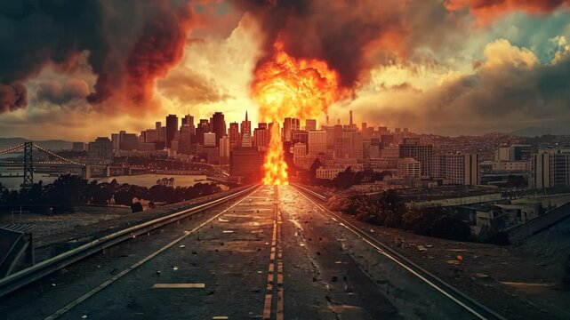A fiery explosion consumes a city skyline, leaving a desolate road leading to the unknown