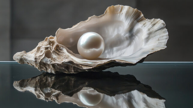 A natural pearl nestled in the soft folds of an oyster shell, placed on a mirror surface that reflects both the pearl and the shell for an elegant, artistic effect.