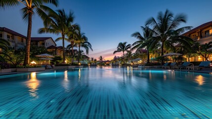 Obraz premium Luxury Tropical Resort at Sunset with Infinity Pool and Palm Trees Reflecting in Water