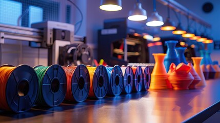 Colorful 3D Printer Filament Spools and Printed Objects on a Workbench in a High-Tech Lab