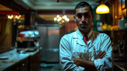 Fototapeta premium A hotel worker stands with arms crossed in a stylish kitchen, exemplifying readiness and professionalism during a busy service