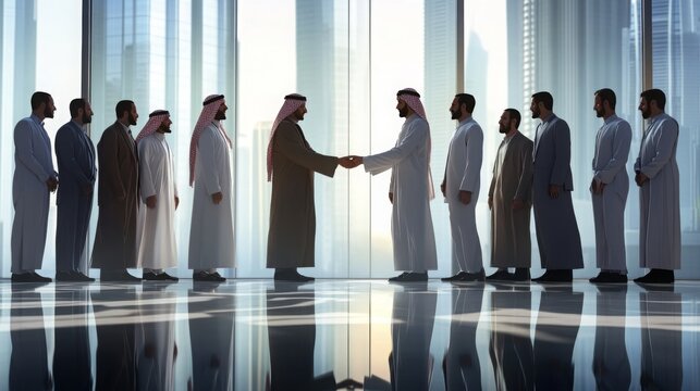 A group of men in traditional attire engage in a handshake, symbolizing a professional agreement