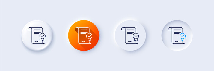 Approved agreement line icon. Neumorphic, Orange gradient, 3d pin buttons. Verified document sign. Accepted or confirmed symbol. Line icons. Neumorphic buttons with outline signs. Vector
