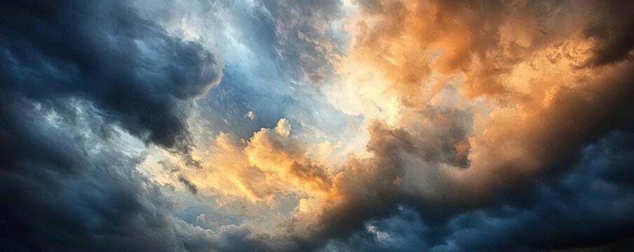 Dramatic sky scenes blend warm and cool tones in an abstract cloud pattern.