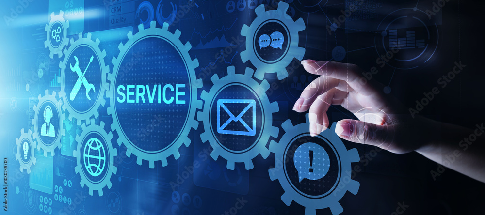 Poster Service support customer help call center Business technology button on virtual screen.