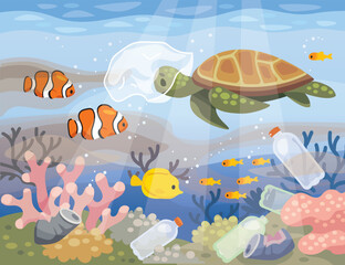 Underwater life with fishes and turtle. Contaminated sea with plastic bags, cans and bottles. Dirty water. Ocean life in danger.