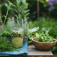 A serene view of potted herbs like basil and rosemary, combined with natural ingredients, promoting a fresh and sustainable lifestyle in gardening and cooking