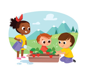 Children planting strawberry. Group of kids growing plants. Green environment. Nature background. Flat landscape with mountains and green lawns.