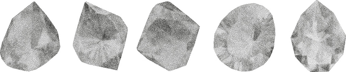 3D vector gradient geometric shapes with noise effect. Cube, cylinder, triangle, rhombus with grainy dot texture.