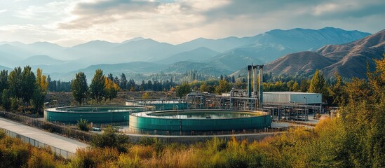 Obraz premium Modern water treatment facility nestled in a mountain valley.