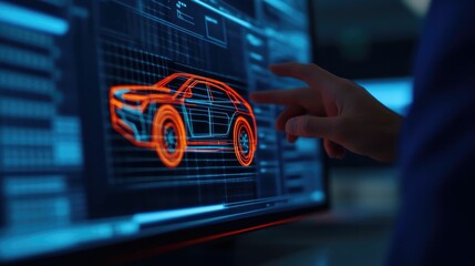Automotive designer utilizing an AI powered system to generate and refine futuristic vehicle designs with detailed 3D rendering and data visualization on a digital workspace