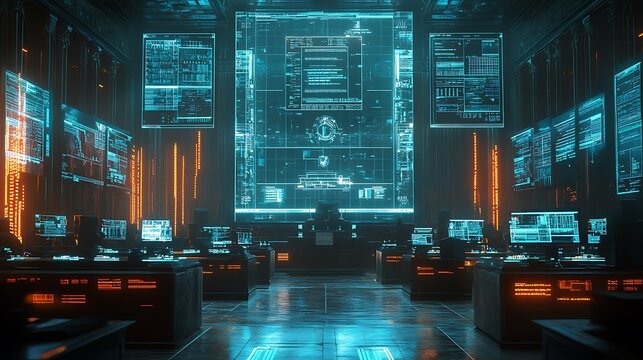 A futuristic antitrust trial where lawyers debate tech regulation, holographic screens displaying monopolistic practices, government officials assessing digital evidence,